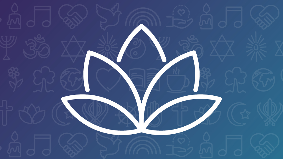 white outline lotus image on a gradient blue background with religious and wellbeing icons